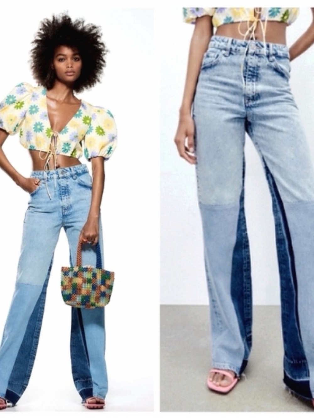 Zara Two Tone Wide Leg Jeans Sz 4 Color Block Raw Hem Light/Dark Wash